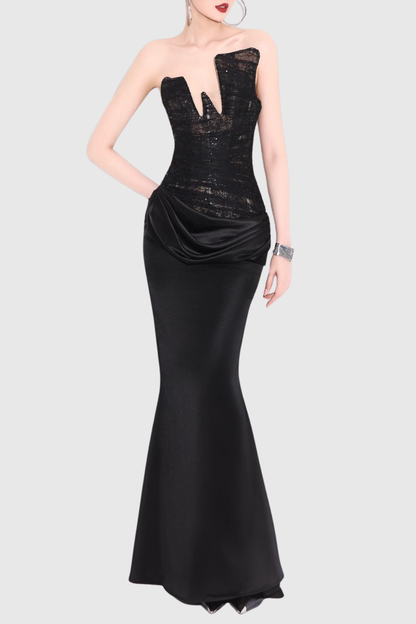 Wrena Strapless Corset Draped Maxi Dress - Black