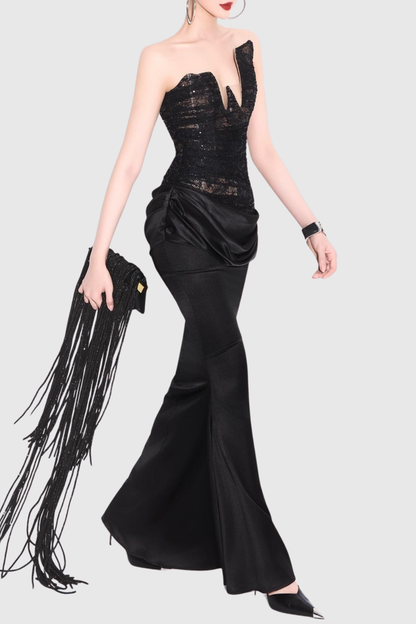 Wrena Strapless Corset Draped Maxi Dress - Black