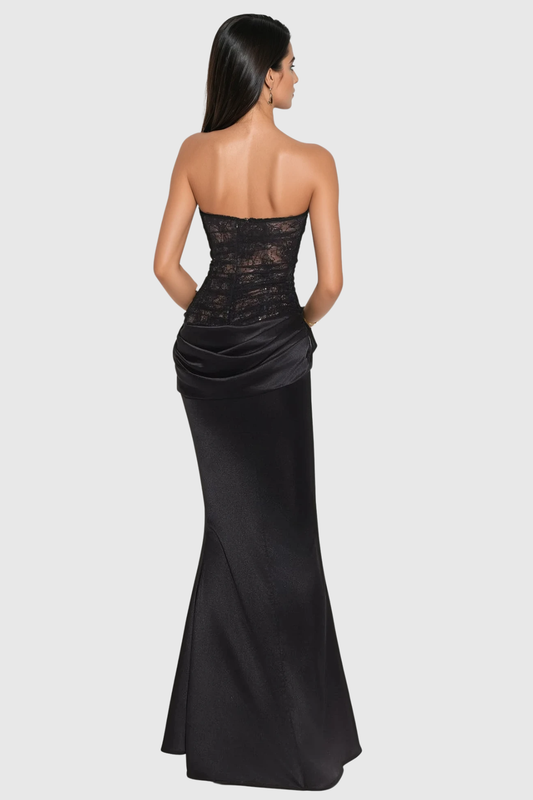 Wrena Strapless Corset Draped Maxi Dress - Black