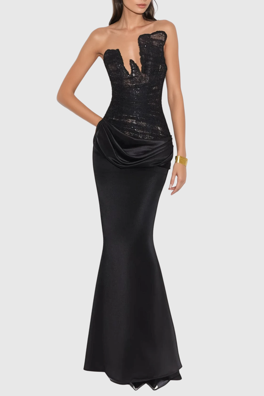 Wrena Strapless Corset Draped Maxi Dress - Black