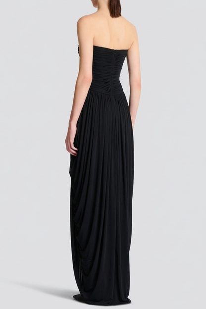 Xeniay Strapless Asymmetric Draped Maxi Dress - Black