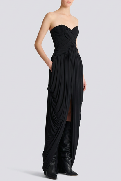 Xeniay Strapless Asymmetric Draped Maxi Dress - Black