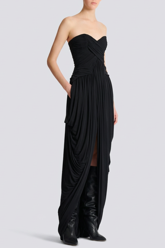 Xeniay Strapless Asymmetric Draped Maxi Dress - Black