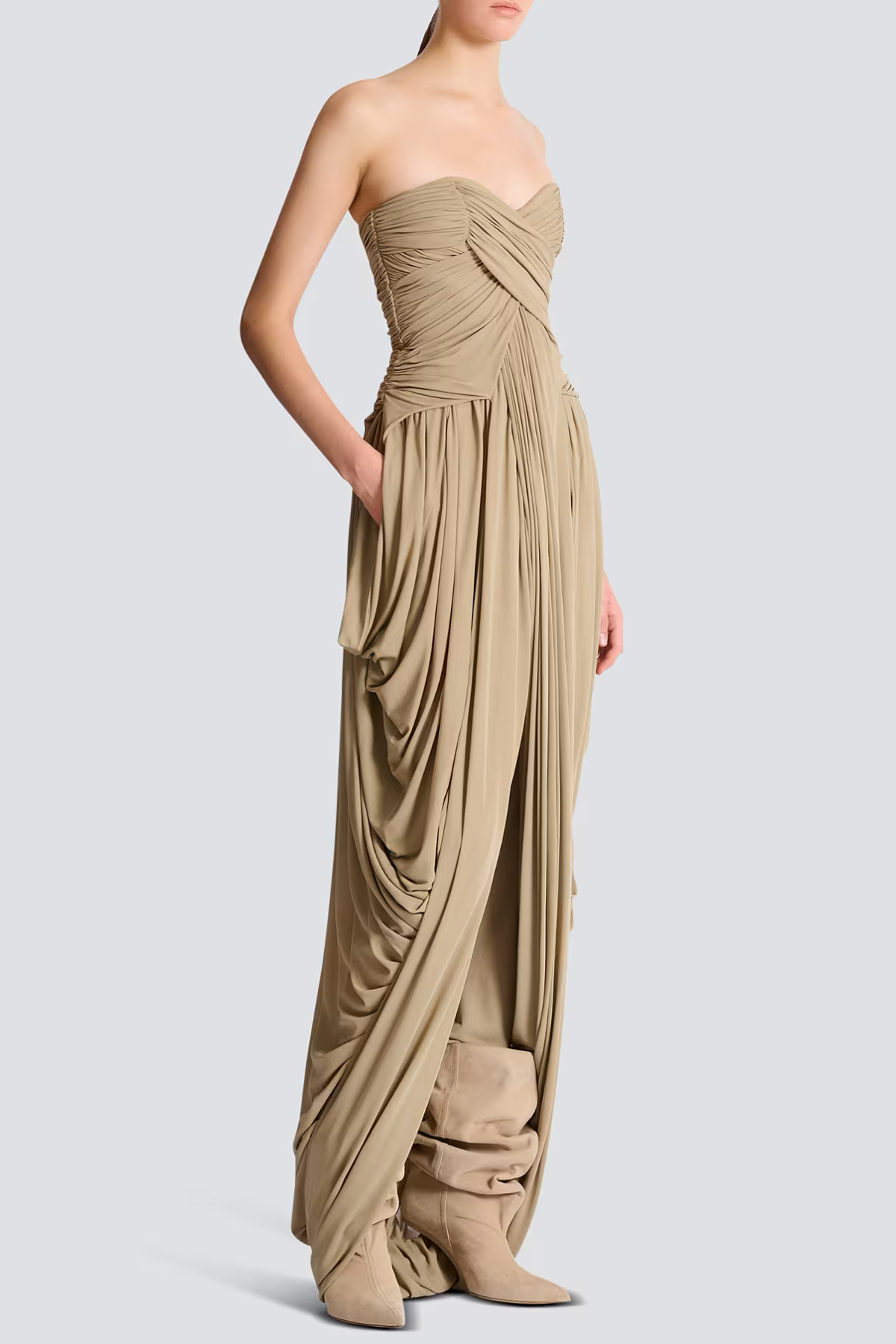Xeniay Strapless Asymmetric Draped Maxi Dress - Khaki