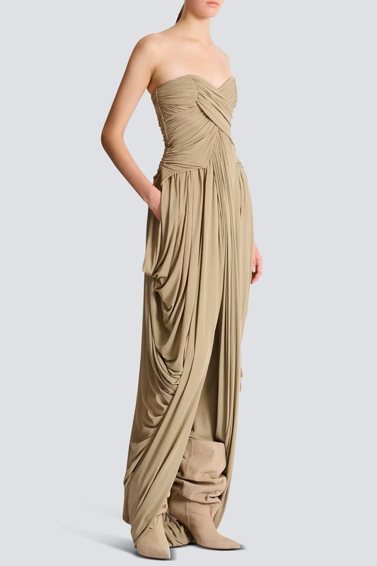 Xeniay Strapless Asymmetric Draped Maxi Dress - Khaki