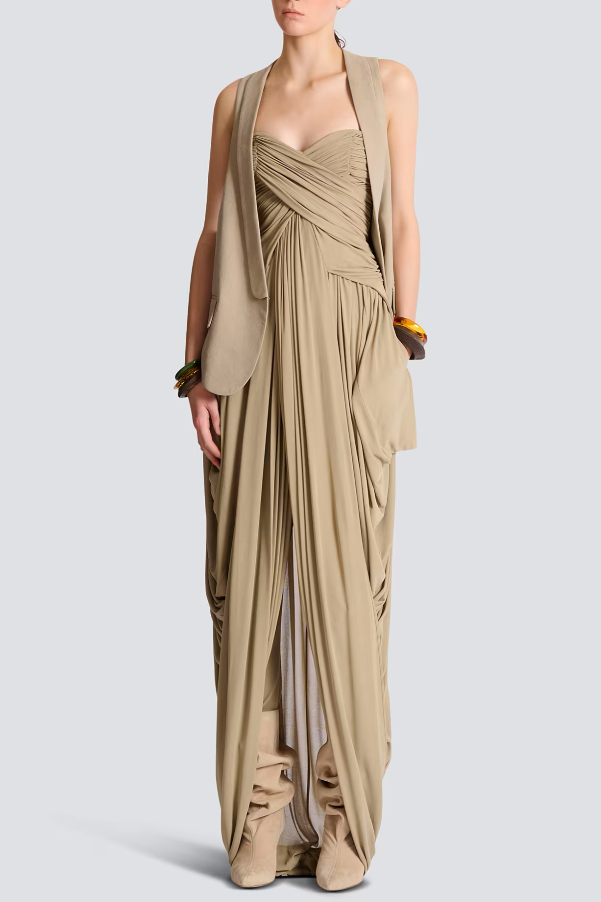 Xeniay Strapless Asymmetric Draped Maxi Dress - Khaki
