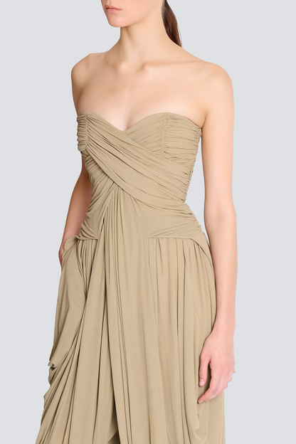 Xeniay Strapless Asymmetric Draped Maxi Dress - Khaki