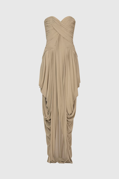 Xeniay Strapless Asymmetric Draped Maxi Dress - Khaki