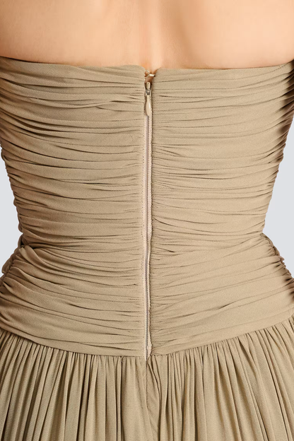 Xeniay Strapless Asymmetric Draped Maxi Dress - Khaki