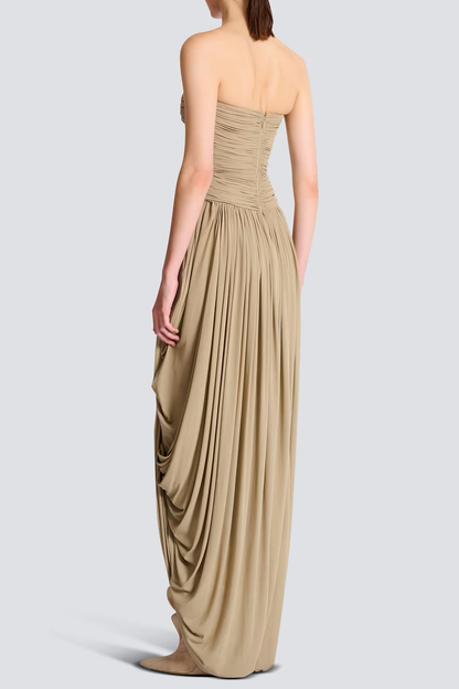 Xeniay Strapless Asymmetric Draped Maxi Dress - Khaki
