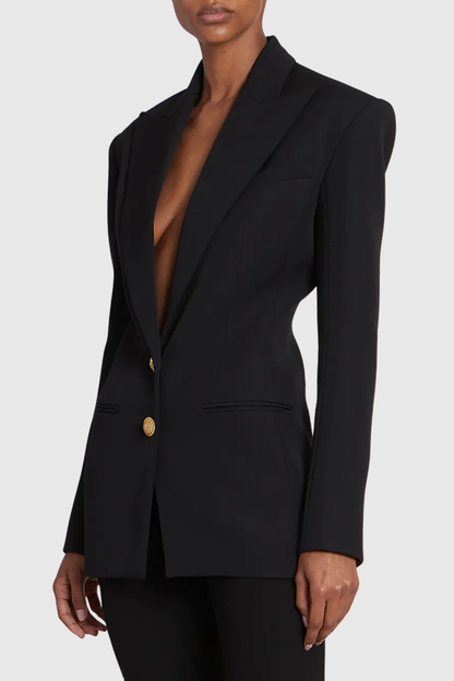 Xyla Buttoned Cinched Waist Blazer - Black