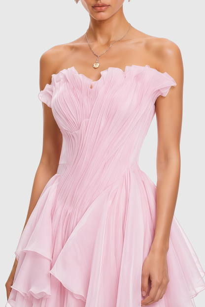 Yakil Strapless Ruched Ruffle Mini Dress - Pink