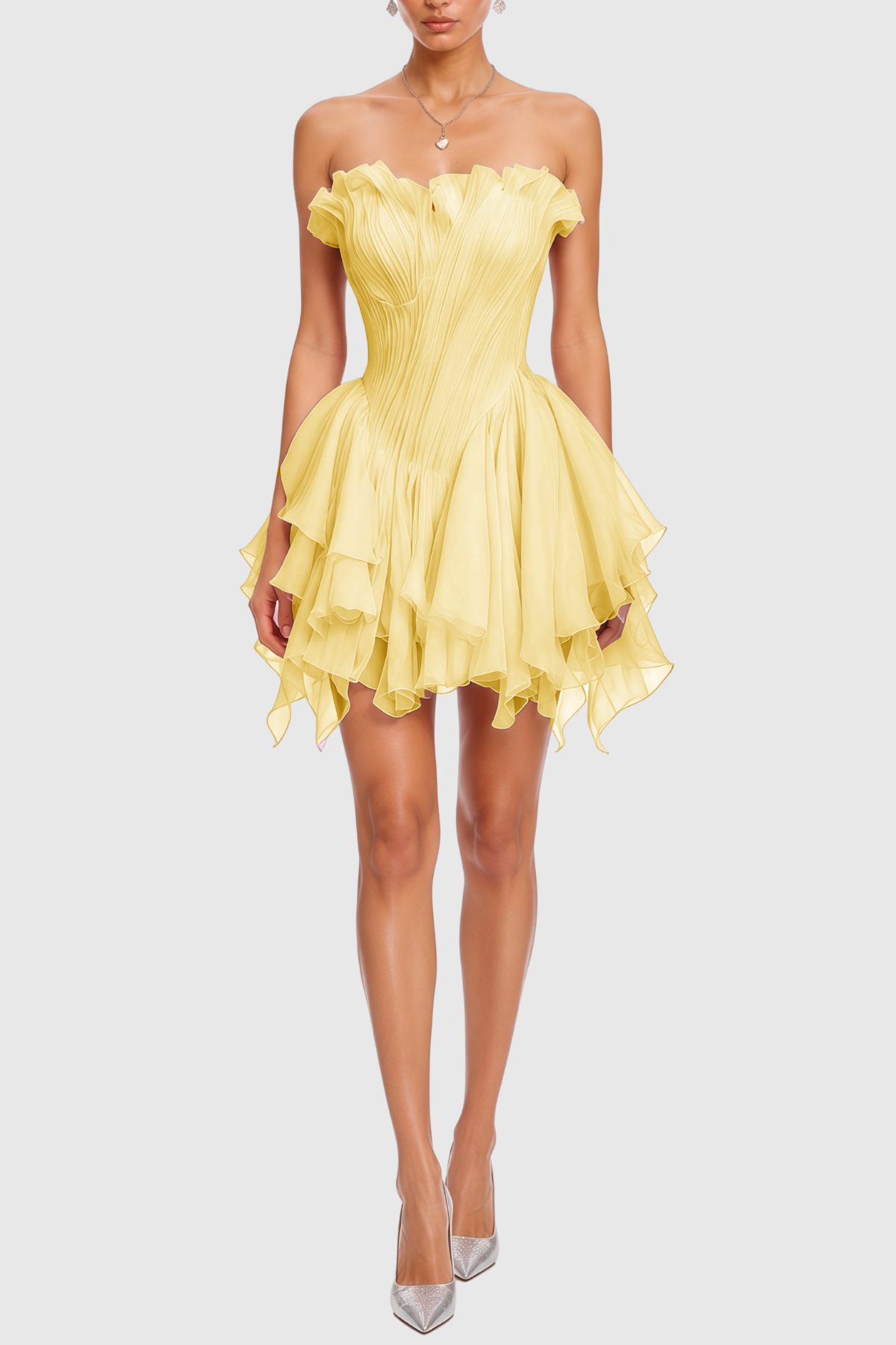 Yakil Strapless Ruched Ruffle Mini Dress - Yellow