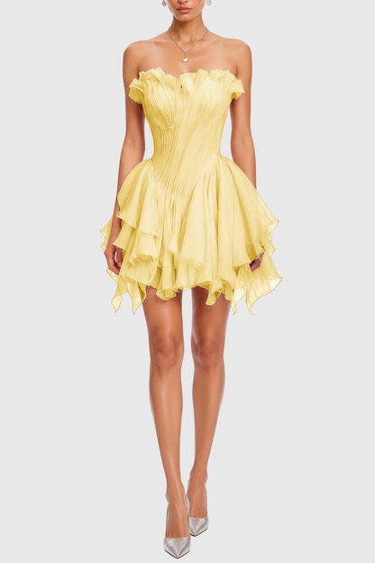 Yakil Strapless Ruched Ruffle Mini Dress - Yellow