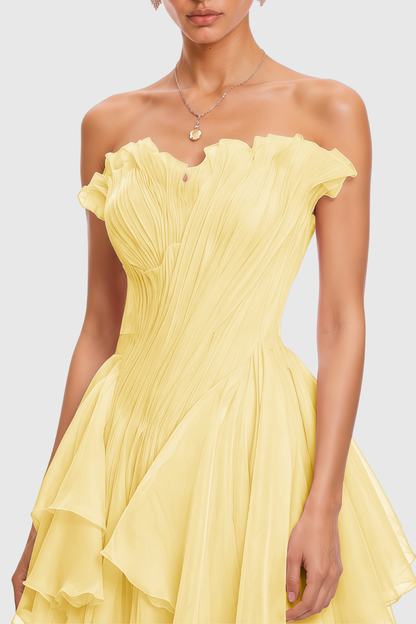 Yakil Strapless Ruched Ruffle Mini Dress - Yellow