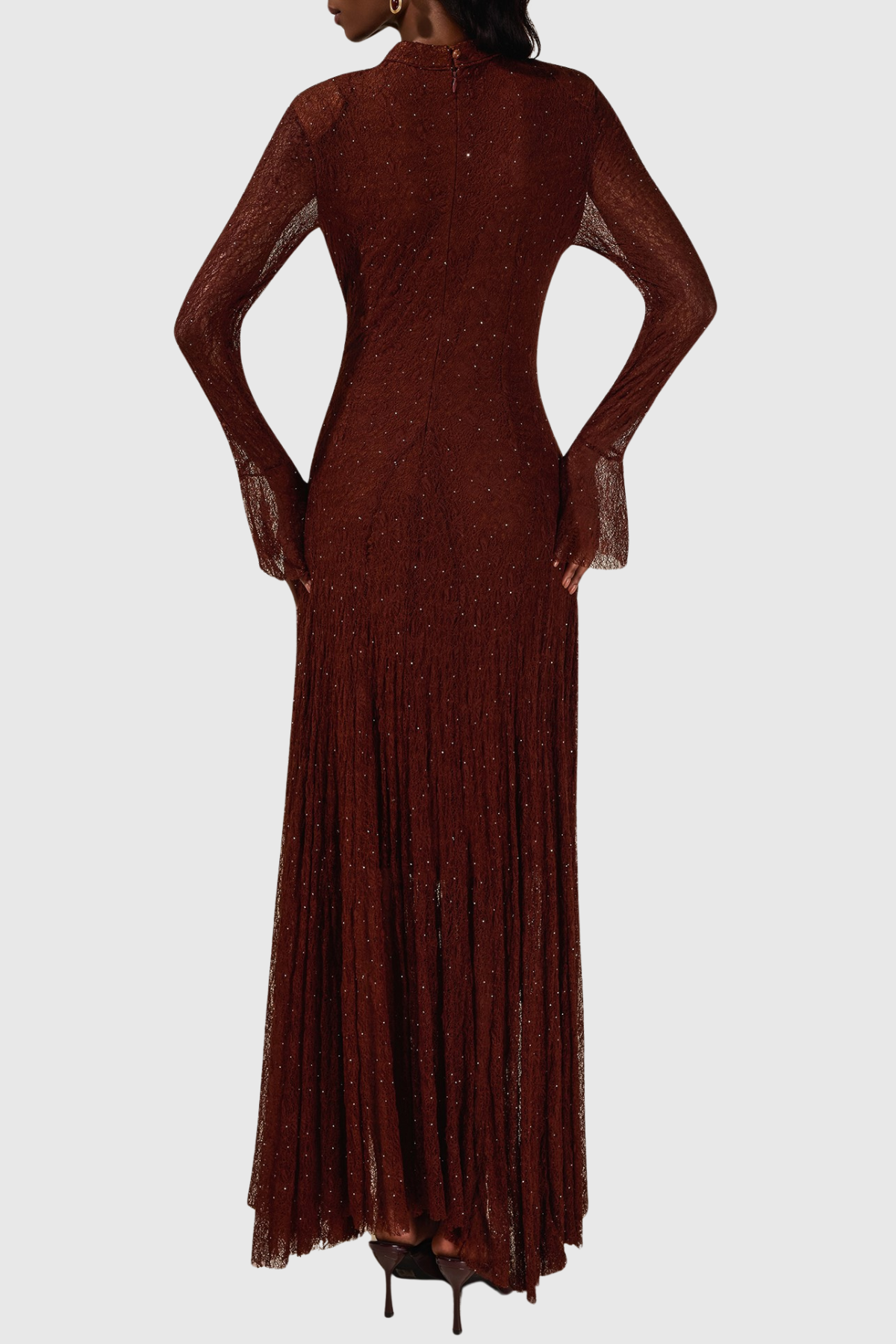 Yamila Lace Crystal Embellished Maxi Dress - Brown