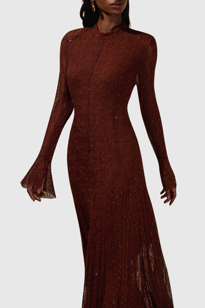 Yamila Lace Crystal Embellished Maxi Dress - Brown