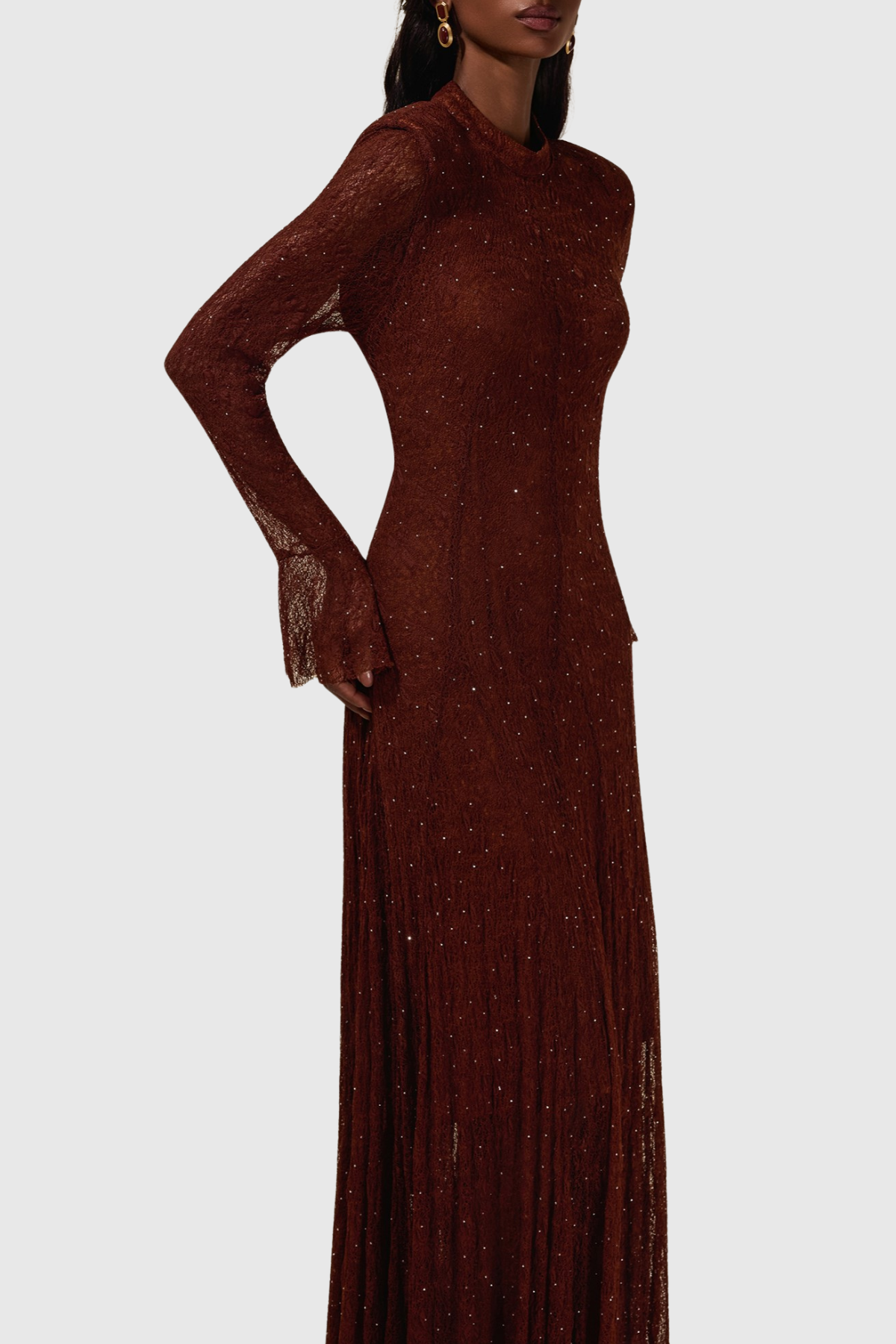 Yamila Lace Crystal Embellished Maxi Dress - Brown