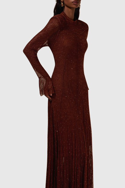 Yamila Lace Crystal Embellished Maxi Dress - Brown