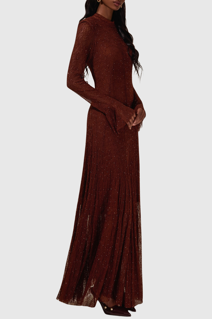 Yamila Lace Crystal Embellished Maxi Dress - Brown