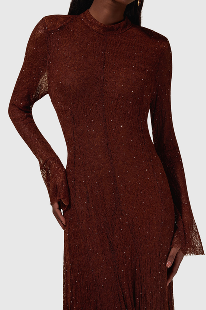 Yamila Lace Crystal Embellished Maxi Dress - Brown