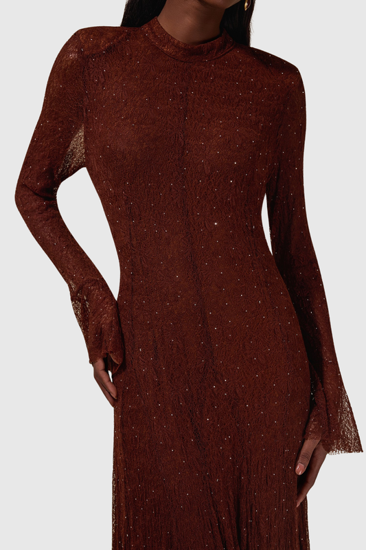 Yamila Lace Crystal Embellished Maxi Dress - Brown