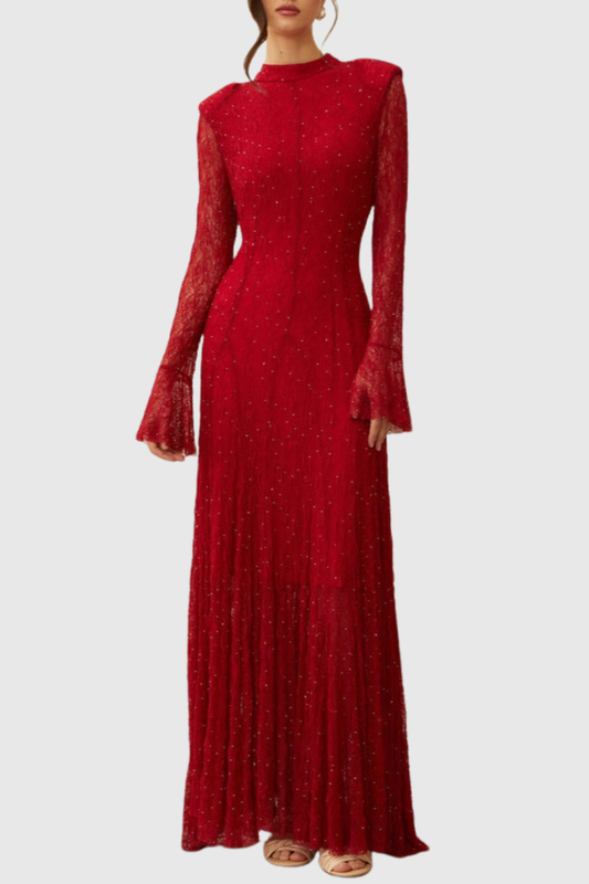 Yamila Lace Crystal Embellished Maxi Dress - Red