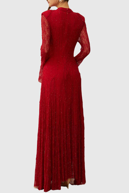 Yamila Lace Crystal Embellished Maxi Dress - Red