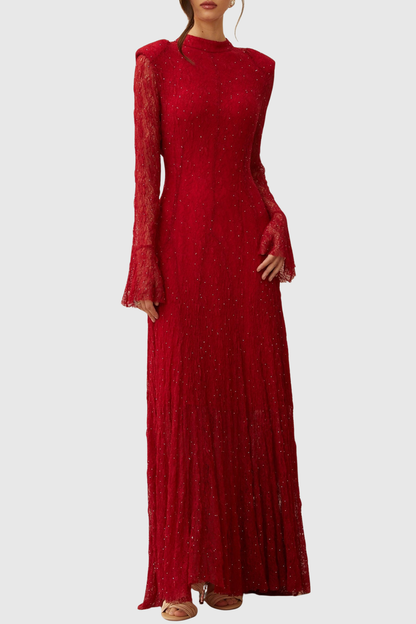 Yamila Lace Crystal Embellished Maxi Dress - Red