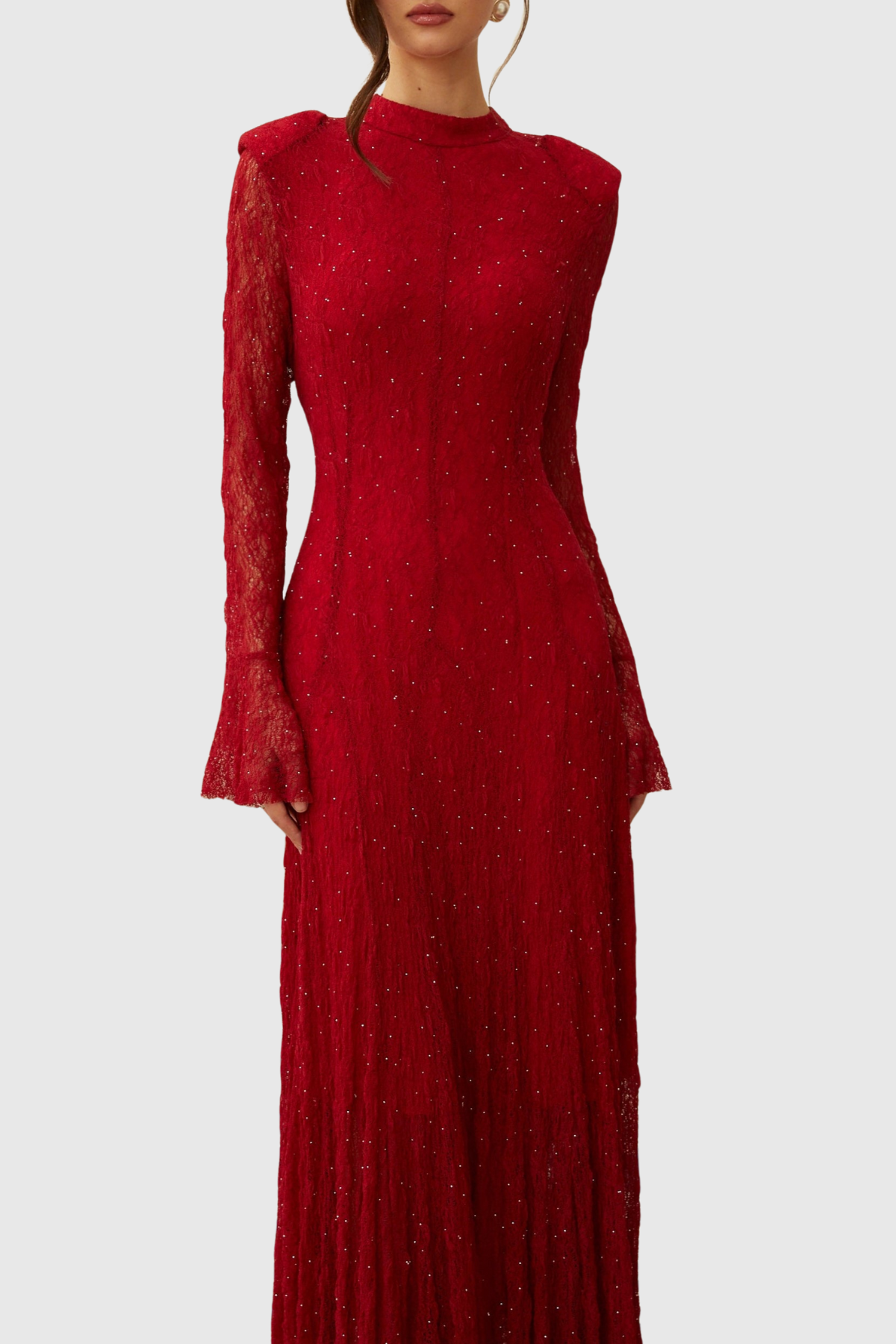 Yamila Lace Crystal Embellished Maxi Dress - Red