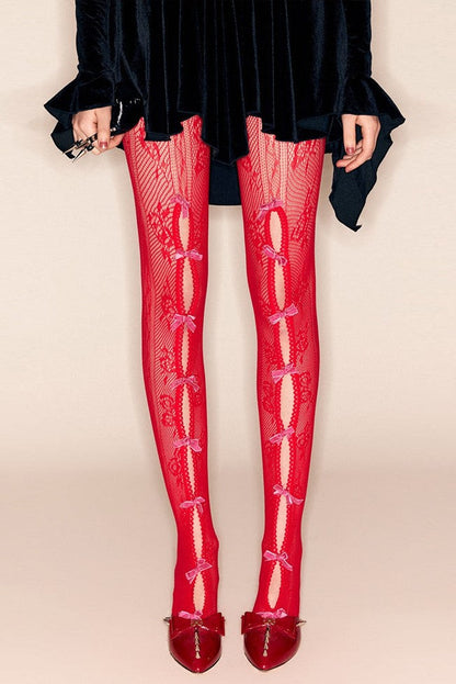 Yara Bowknot Fishnet Stockings - Red