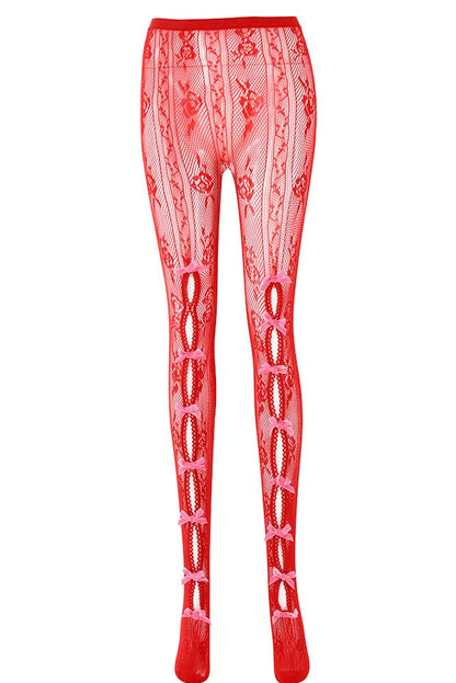 Yara Bowknot Fishnet Stockings - Red