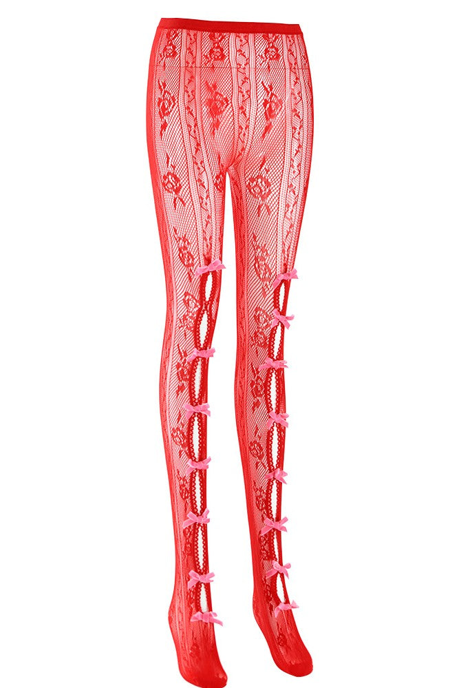 Yara Bowknot Fishnet Stockings - Red