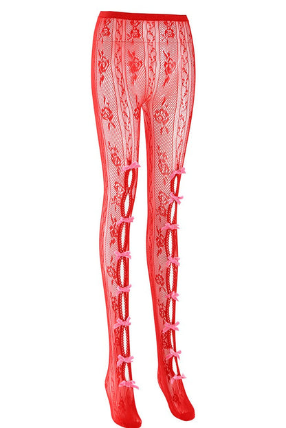 Yara Bowknot Fishnet Stockings - Red