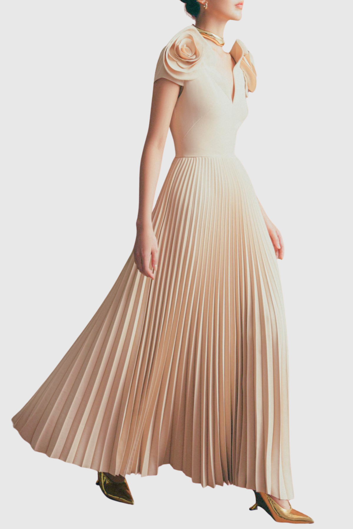 Yarra Rose Pleated Midi Dress - Beige
