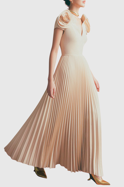 Yarra Rose Pleated Midi Dress - Beige