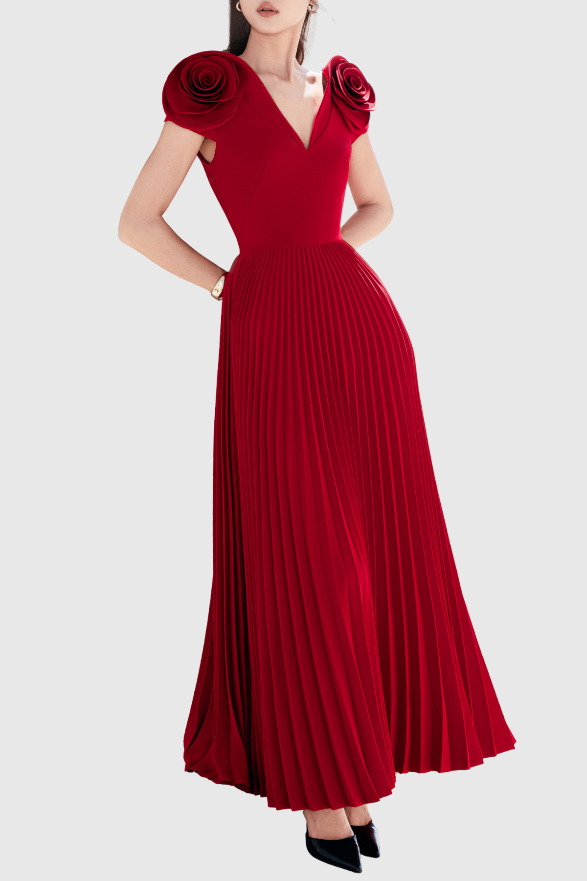Yarra Rose Pleated Midi Dress - Red