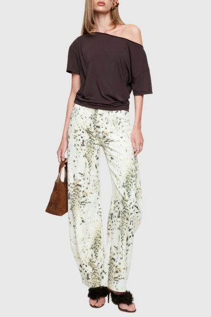Yerry Leopard Barrel Jeans - White