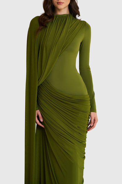 Ynao Asymmetrical Ribbon Draped Maxi Dress