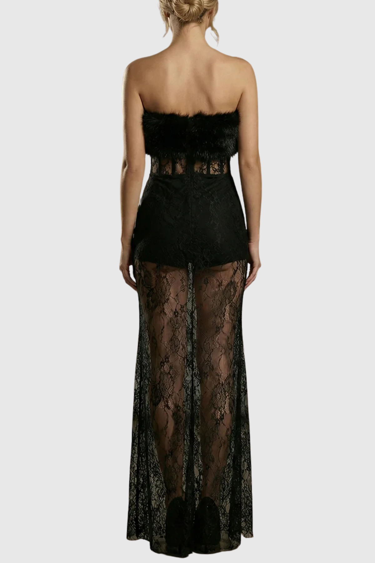Ynesa Faux Fur Lace Corset Maxi Dress