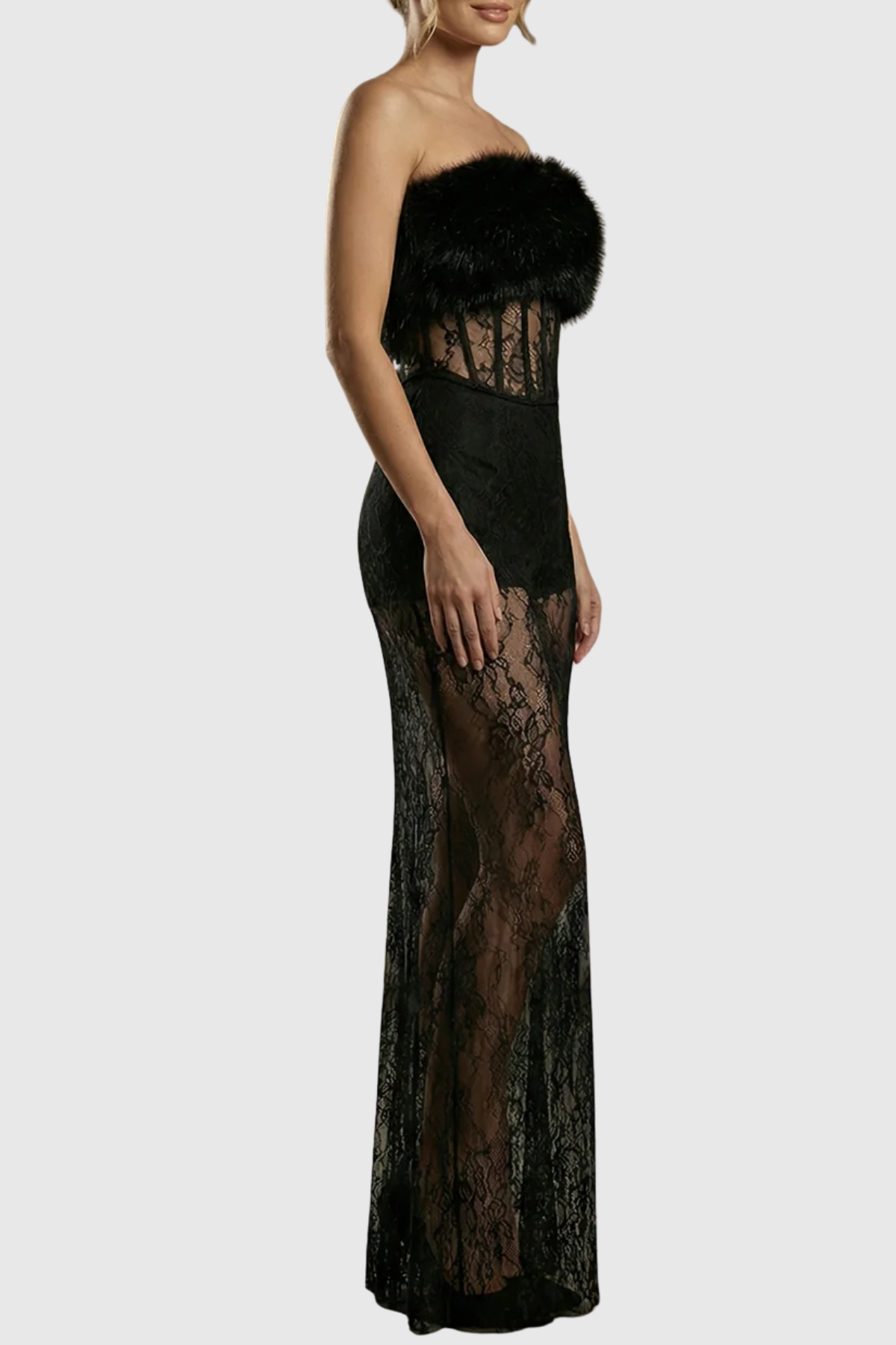 Ynesa Faux Fur Lace Corset Maxi Dress