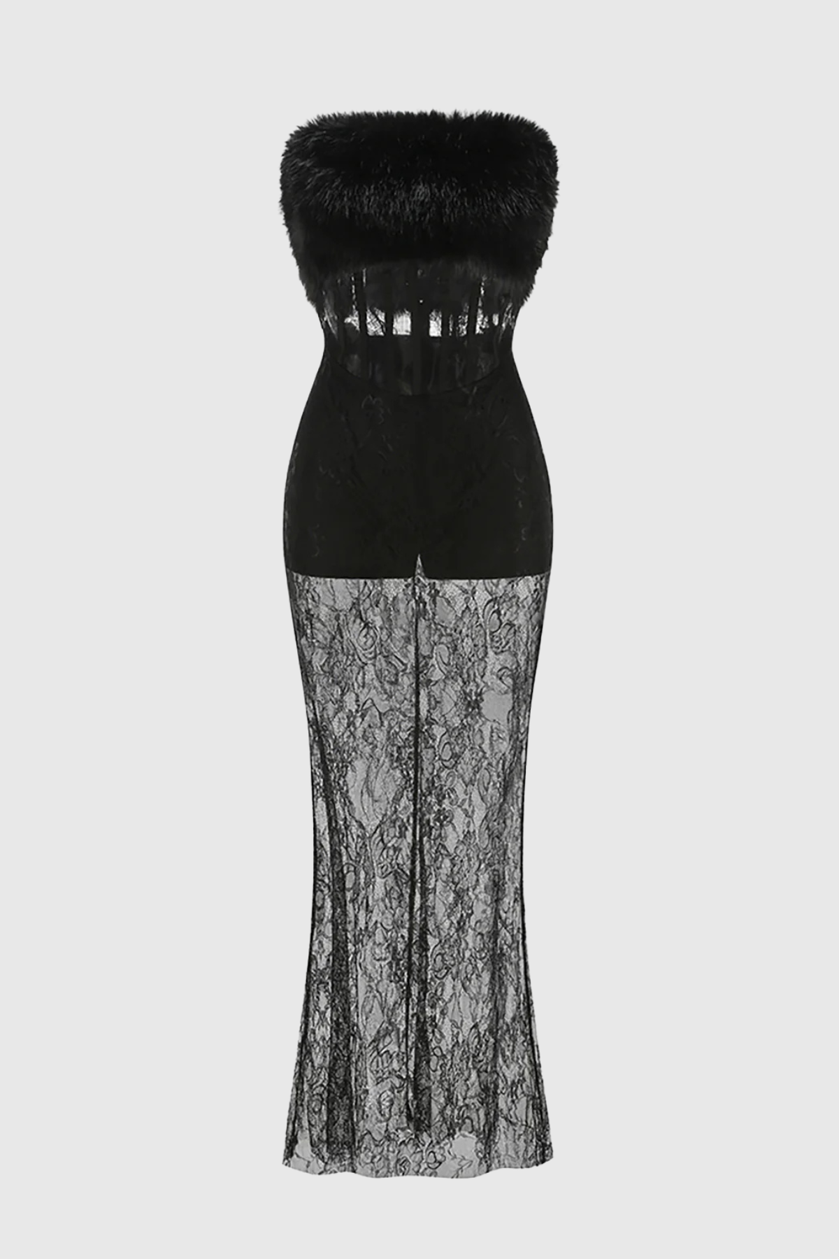 Ynesa Faux Fur Lace Corset Maxi Dress