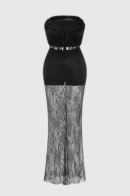 Ynesa Faux Fur Lace Corset Maxi Dress