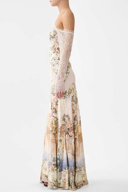 Yorida Floral Print Lace Trim Maxi Dress