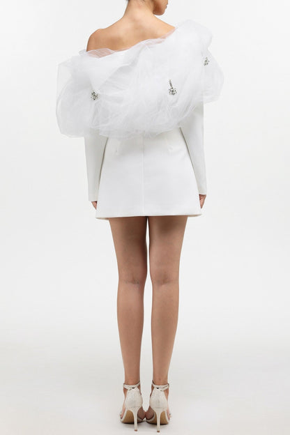 Zada Mesh Cloud Off Shoulder Mini Dress - White