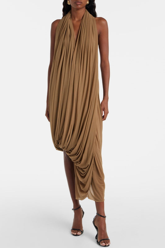 Zalan Halter Plunge Draped Midi Dress