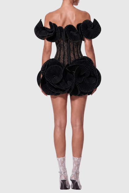 Zamaria Off Shoulder Lace Corset Mini Dress - Black