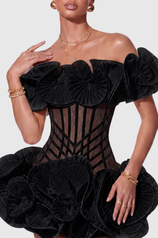 Zamaria Off Shoulder Lace Corset Mini Dress - Black