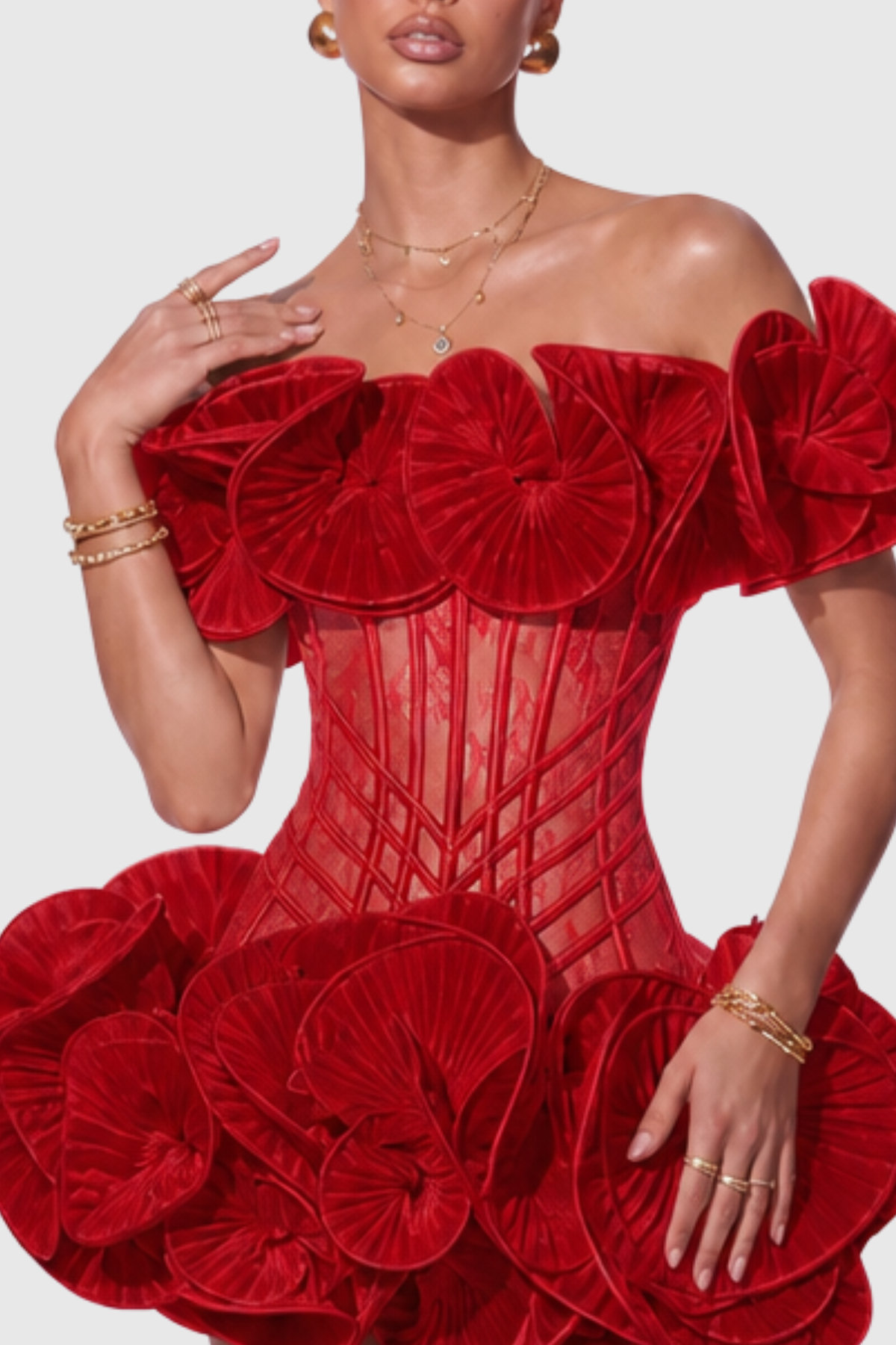 Zamaria Off Shoulder Lace Corset Mini Dress - Red