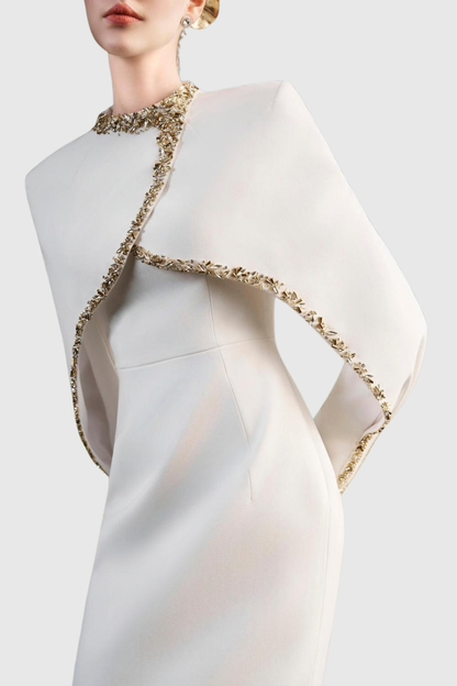 Zayne Crystal Embellished Cape Maxi Dress - White